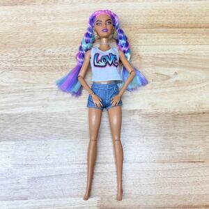 Barbie Extra #5 Doll Rainbow Braids LOVE Shirt Denim Shorts Mattel 2020